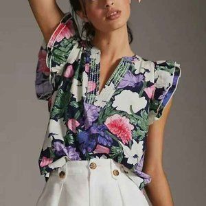 Anthropologie Floral Ruffle Sleeve Top - Pink, Purple, Green
